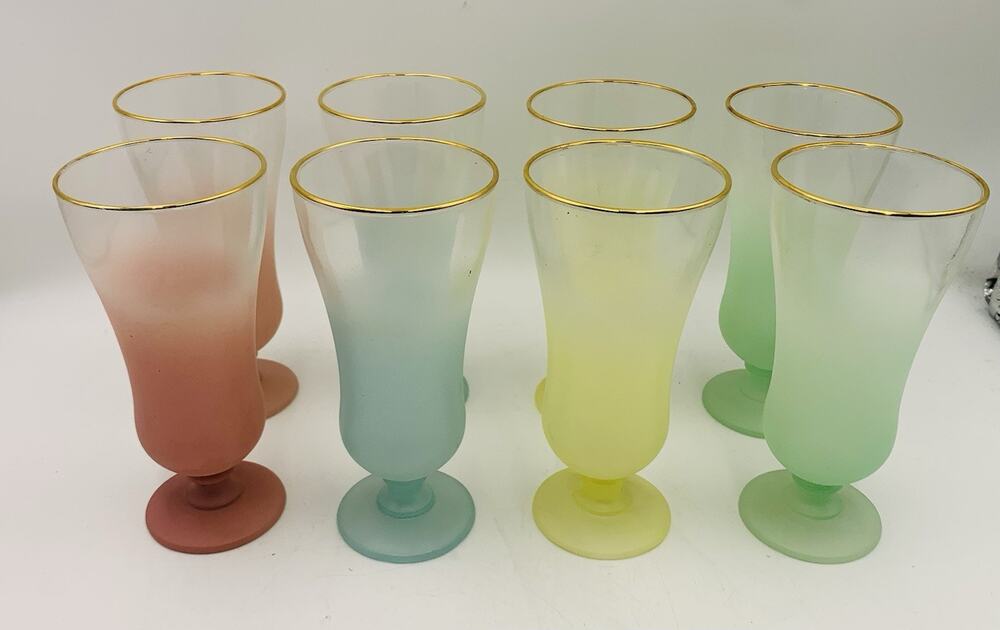 Vintage MCM Blendo Frosted Parfait Glasses Set of 8 Pastel Rainbow Gold Rim Foot